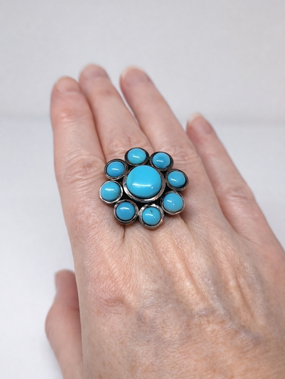 Turquoise Blue Floral Cluster Ring in Rhodium-Plated Sterling Silver